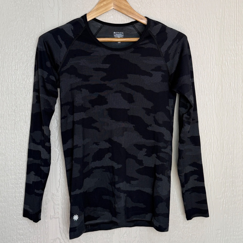 Athleta Momentum Camo Long Sleeve Shirt Black Grey Women Size L